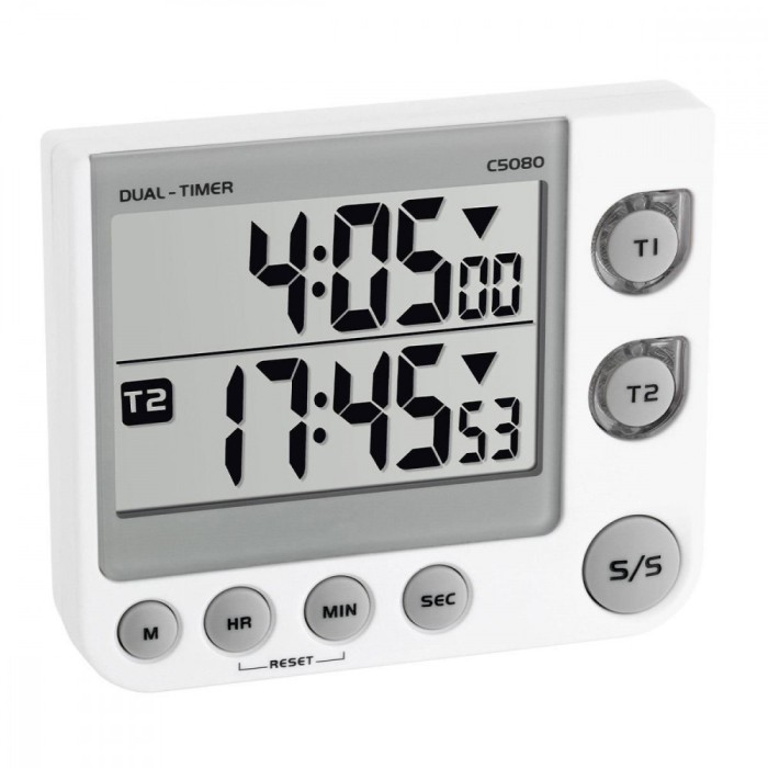 Timer si cronometru digital dual, 100 ore, LED de avertizare, memorie, volum reglabil, alb, TFA 38.2025 Children SafetyCare