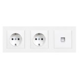 Priza Dubla cu Impamantare si Conector UTP Leziter Nova III Alb, 16A, 250V, Cat5e, Montaj Incastrat