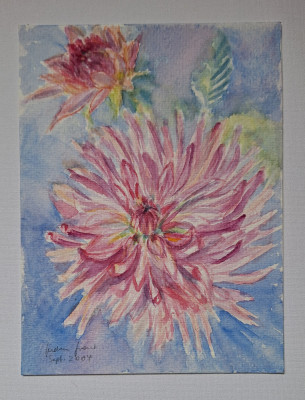 Pictura in acuarela neinramata - flori de toamna, semnata din 2004, 18x24 cm foto