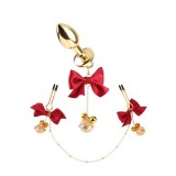 Distractie - Chisa Senuelo Ispita Sexy Set Rosu Dop Anal cu Bijuterie si Lantisor cu Clema pentru Sfarcuri cu Fundite
