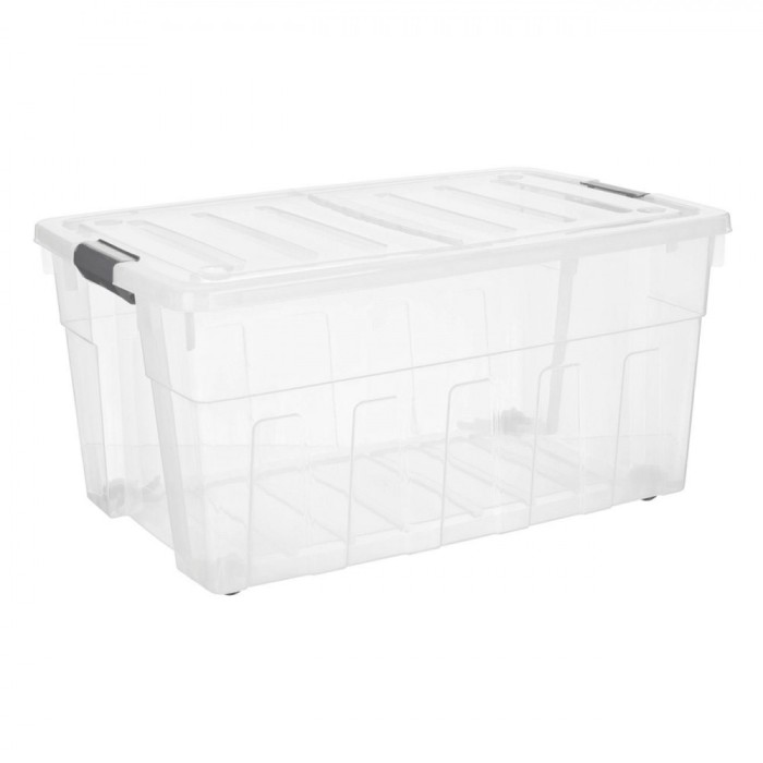 Cutie Depozitare Pliabilă, Capac Rabatabil, M&acirc;nere, Roti, Plastic, Capacitate 120L, Transparentă