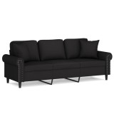 Canapea cu 3 locuri cu pernute, negru, 180 cm, catifea