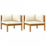 Canapele de colț cu perne alb crem, 2 buc., lemn masiv acacia
