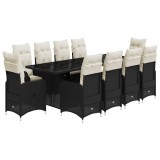 Cumpara ieftin Set bistro de gradina, 11 piese, cu perne, negru, poliratan