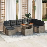 Set 9 piese canapea gradina cu perne gri ratan poli acacia, canapea gradina 2 locuri cu perne gri ratan poli