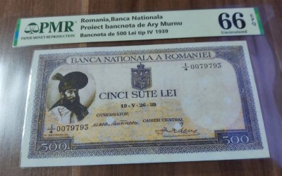REPRODUCERE pe hartie cu filigran si fire UV proiect bancnota 500 lei 1939 foto