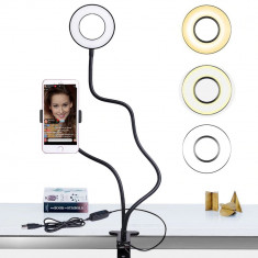 Brat clema cu suport flexibil telefon + lampa LED ring pt vlogging youtube live