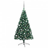 Jumătate brad Crăciun artificial cu LEDuri&amp;globuri,verde 240 cm