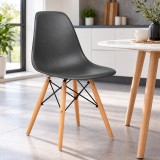Cumpara ieftin Scaun bucatarie si dining, stil scandinav, negru, picioare din lemn natur, spatar ergonomic, maxim 120 kg