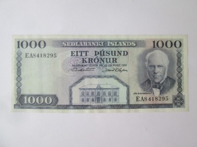 Rara! Islanda 1000 Kronur 1961 aUNC,bancnota din imagini foto