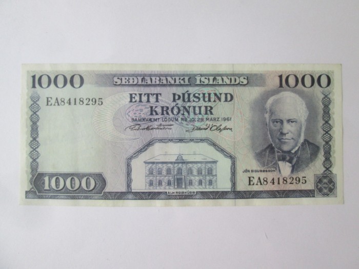 Rara! Islanda 1000 Kronur 1961 aUNC,bancnota din imagini