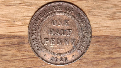 Australia -moneda istorica din bronz- 1/2 Half penny 1921 -George V, impecabila! foto