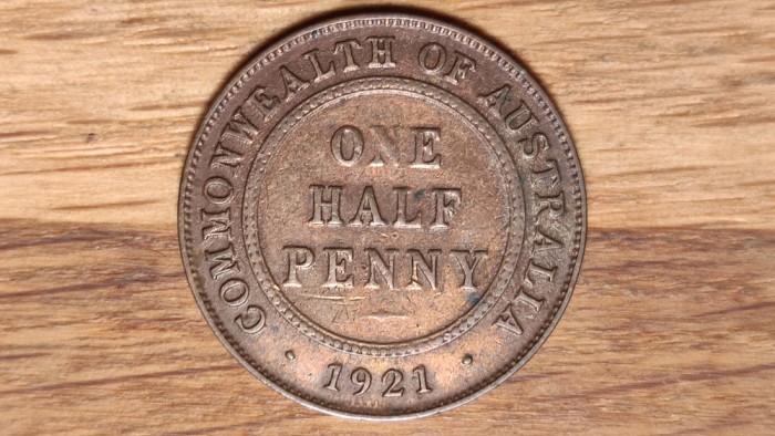 Australia -moneda istorica din bronz- 1/2 Half penny 1921 -George V, impecabila!