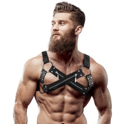 FETISH SUBMISSIVE ATTITUDE - ADJUSTABLE NEOPRENE CROSS-OVER CHEST BULLDOG HARNESS WITH ZIPPERS FOR MEN foto