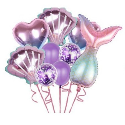 Set baloane aniversare pentru fetita, set din 9 baloane, flippy, tematica sirene, 5 baloane folie, 4 baloane latex, cu inimii mov metalizat foto