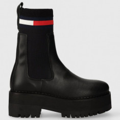 Tommy Jeans ghete chelsea de piele TJW FLATFORM CHELSEA SOCK femei, culoarea negru, cu toc plat, EN0EN02301