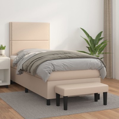vidaXL Pat box spring cu saltea, cappuccino, 100x200cm piele ecologică foto