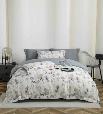 Lenjerie de lux pentru pat dublu,bumbac finet,6 piese,cearceaf cu elastic,alba mov,cu floricele-A1009