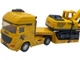 Macheta Camion Transport Utilaj cu Excavator Platforma 35cm, Jucarie Copii, Vehicule Constructii, Roti Libere, Brat Mobil