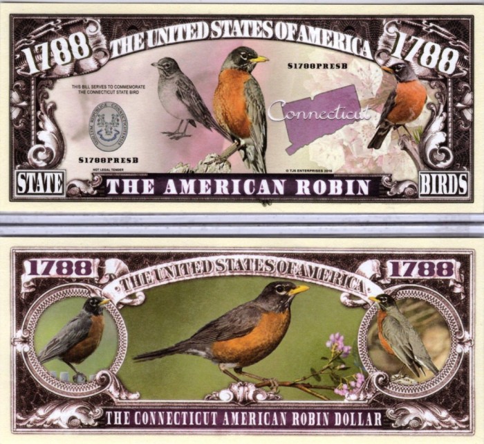 !!! SUA = FANTASY NOTE (TJ6) = CONNECTICUT , THE AMERICAN ROBIN - 2016 - UNC