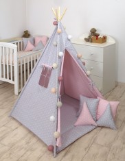 Cort de joaca Stars Reversibil, Cu saltea impermeabila inclusa, Indian Teepee din Bumbac, Roz Gri foto