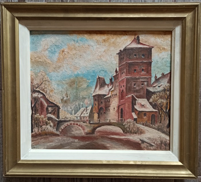 Peisaj de iarna intr-un burg// ulei pe carton, Dan Popescu