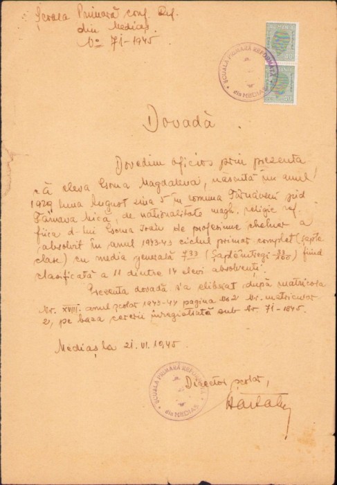 A1145 Dovadă școlară, 1945, Mediaș