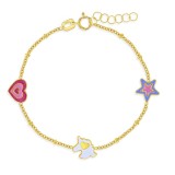 Bratara din Aur 14K pentru Bebelusi si Copii, cu charm-uri Unicorn, Inima si Stea din Email Colorat, ajustabila 13&ndash;15 cm
