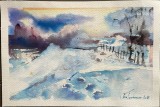 Lucrare Ana Teodorescu, Peisaj de iarna, acuarelă pe carton subțire 28 x 19 / arta romaneasca / semnatura