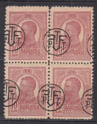 ROMANIA 1919 LP 71 I REGELE CAROL I TIPOGRAFIATE 10 BANI ROSU CU SUPRATIPAR P.T.T.F.F. EROARE SUPRATIPAR DEPLASAT BLOC 4 TIMBRE STARE MNH/SARNIERA foto