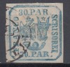 ROMANIA 1862 LP 10 PRINCIPATELE UNITE EMISIUNEA I TIPAR DE MANA 30 PARALE ALBASTRU STAMPILAT