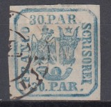 ROMANIA 1862 LP 10 PRINCIPATELE UNITE EMISIUNEA I TIPAR DE MANA 30 PARALE ALBASTRU STAMPILAT