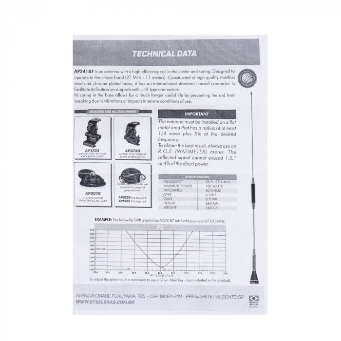 Antena CB PNI Steelbras AP24187, 66cm, 26.9-27.4MHz, 0.5dBi, 100W, fara accesorii