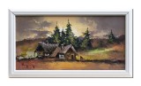 Cumpara ieftin Tablou peisaj apus de soare la cabana de la munte, pictat manual inramat, 45x25cm ulei pe panza, rama din lemn, Geo Ungureanu