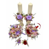 Set buchete, lumanari si cocarde cu trandafiri criogenati si plante naturale uscate si criogenate si cu lumanari tip fagure