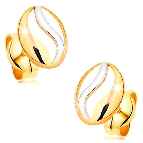 Cercei &icirc;n două culori din aur 14K - contur oval cu ondulație din aur alb
