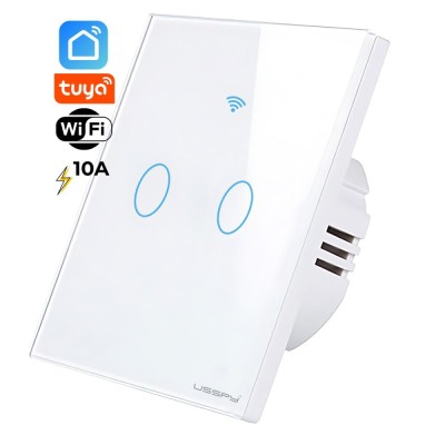 Intrerupator inteligent cu touch, rama sticla, Wifi, Tuya, Smart Life, 2 canale, 10A, Alb foto