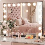 Oglindă de machiaj Hollywood, neagră, 58x48cm, de masă, cu 15 LED-uri, temperatură de culoare reglabilă, difuzor Bluetooth și mărire 10X