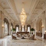 Candelabru Cristal LACE Supremo 26xE14, Diametru 60cm, Inaltime 180cm, Auriu Lucios, Inaltime Reglabila, Design Elegant