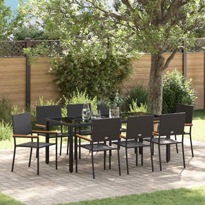 vidaXL Set de masă pentru grădină 9 pcs Negru 190 x 90 x 75 cm 3365399