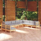 vidaXL Set mobilier grădină cu perne, 10 piese, gri, lemn masiv pin 3096838