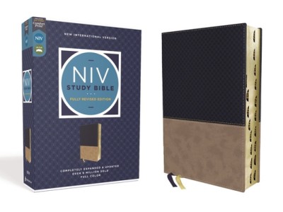 NIV Study Bible, Fully Revised Edition, Leathersoft, Navy/Tan, Red Letter, Thumb Indexed, Comfort Print foto