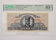 Bancnota Romania 1000 lei 1947 SPECIMEN 25 Iunie 1947 UNC, gradata PMG 65 EPQ TOP-POP ! - raritate - varianta cu stema regala pe revers !