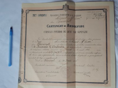 CERTIFICAT DE ABSOLVIRE LICEUL,,SF.SAVA&amp;quot; BUCURESTI-1916. foto