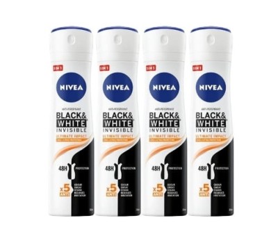 Set 4 X Nivea Antiperspirant Woman Deo 150ml Black&amp;amp;White Invisible Ultimate Impact, 0% Alcohol, Non-Irritating, 48h Protection foto