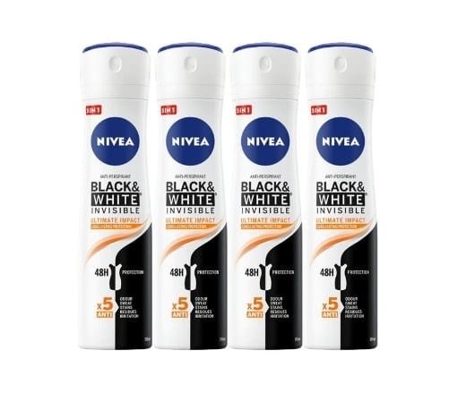 Set 4 X Nivea Antiperspirant Woman Deo 150ml Black&amp;White Invisible Ultimate Impact, 0% Alcohol, Non-Irritating, 48h Protection