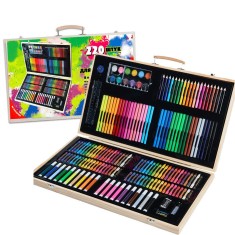 Set 220 Piese pentru Desen si Pictura, Flippy, Tip Servieta din Lemn, Model Natur, 48 x 30 x 5 cm, Multicolor foto