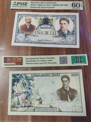 REPRODUCERE pe hartie cu filigran si fire UV proiect bancnota 1 000 lei 1934 foto