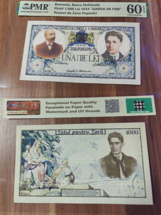 REPRODUCERE pe hartie cu filigran si fire UV proiect bancnota 1 000 lei 1934