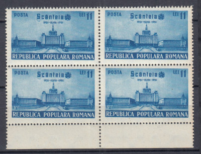 ROMANIA 1951 LP 286 - 20 ANI ZIARUL SCANTEIA BLOC DE 4 TIMBRE MNH foto